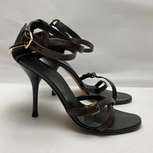 GUCCI Logo Horsebit Equestrian Chocolate Leather /Suede Strappy Heels Size 38 - Picture 5 of 10